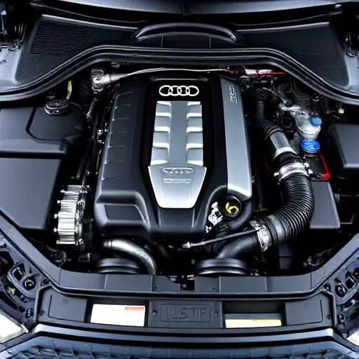A detailed, high-quality image of the engine bay of a 2017-present Audi Q5 3.0 V6 TDI 286 hp. Focus on the engine components, including the engine block, turbocharger, exhaust system, and other relevant parts. The engine should be well-lit, showcasing the intricate details of the mechanical components.