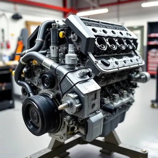 A detailed, high-quality image of a Chevrolet Corvette C7 Z06 6.2 V8 engine undergoing a major overhaul. The engine should be partially disassembled, revealing intricate components. Focus on the engine block, cylinder heads, and various mechanical parts. The background should be a clean, well-lit workshop environment.