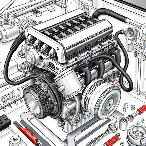 A detailed illustration of a Daewoo Nubira 1.6L 106hp engine undergoing a major overhaul. The engine should be shown with visible components like the cylinder head, pistons, crankshaft, and various hoses and belts. The scene should depict tools and parts commonly used in engine repair, such as wrenches, sockets, and spare parts. Focus on the mechanical aspects of the repair process.