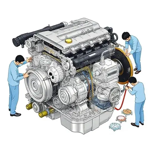 A detailed illustration of a Fang Cheng Bao Bao 5 PHEV 1.5T engine undergoing a comprehensive repair. The engine should be shown with visible components, tools, and technicians working on it. Focus on precision and technical accuracy.