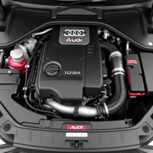A detailed, high-quality image of the engine bay of a 2017-2022 Audi Q5 2.0 TDI 163 hp. Focus on the engine components, including the engine block, turbocharger, exhaust manifold, and intake system. The engine should be clean and well-maintained.