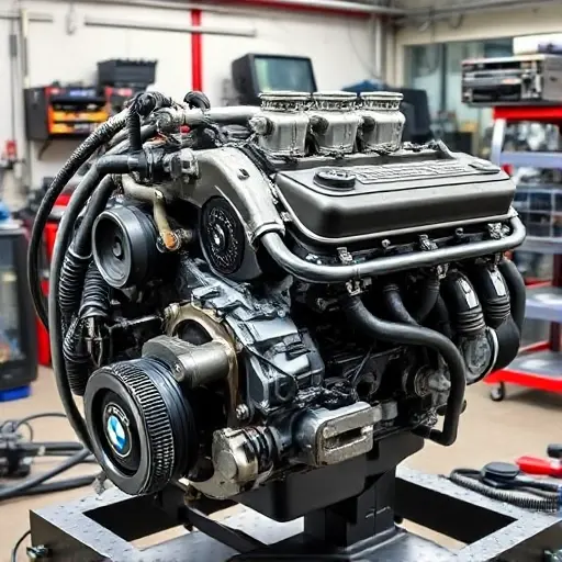 A detailed, high-quality image of a BMW M5 E34 engine undergoing repair. The engine should be partially disassembled, revealing various components like the engine block, cylinder head, and intake manifold. Tools such as wrenches, screwdrivers, and diagnostic equipment should be visible around the engine. The background should be a clean, well-lit workshop environment. Focus on the mechanical details and the process of engine repair.