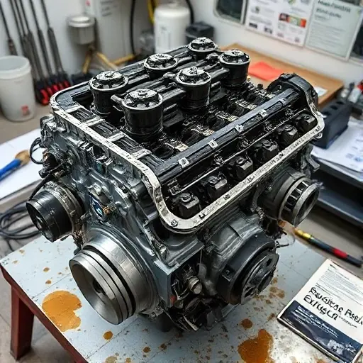 A detailed close-up of a BMW M5 E34 3.5L inline-six engine undergoing major repair, showing disassembled components like pistons, crankshaft, cylinder head, and valves laid out on a clean workbench with tools, oil stains, and a service manual nearby, soft workshop lighting, realistic textures, no text or labels