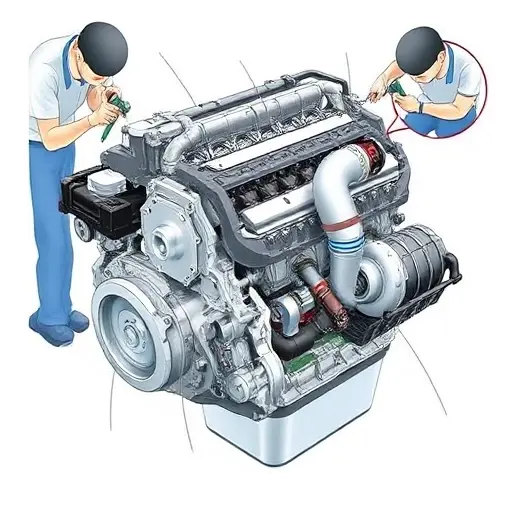 A detailed illustration of a Ford Fiesta 1.0 EcoBoost engine undergoing a major repair. Focus on the engine block, turbocharger, and associated components. Show tools and technicians working on the engine.