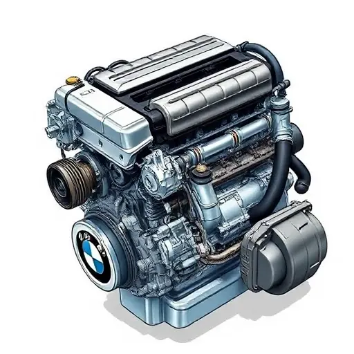 A detailed illustration of a BMW 3er G20 3.0L 374 hp engine undergoing repair. The engine should be partially disassembled, showcasing various components and tools. Focus on precision and technical accuracy.