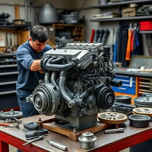 A detailed workshop scene showing a mechanic repairing a Daewoo Lanos 1.5L 86hp engine, with the engine disassembled on a workbench, tools scattered, and parts arranged in a realistic style.
