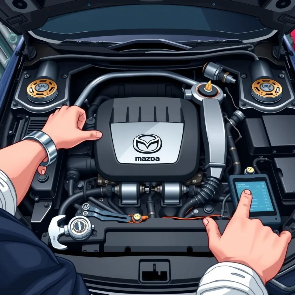 A detailed, realistic illustration of a mechanic's hands and tools working on the engine of a Mazda 3 2.0 Skyactiv G (2019‑present) in a clean garage setting. Show the open engine bay with visible cylinders, spark plugs, and the Skyactiv logo subtly on the engine block, surrounded by professional tools such as wrenches, sockets, and a diagnostic scanner. Emphasize the mechanical components, metal textures, and a focused, technical atmosphere.