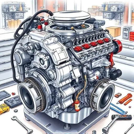 A detailed illustration of a ChangFeng Liebao CS6 2.5 diesel engine undergoing a major overhaul. Focus on the engine block, cylinder head, and various components being inspected and repaired. Include tools like wrenches, screwdrivers, and diagnostic equipment. The scene should depict a workshop environment with clean surfaces and organized tools.