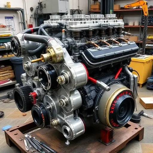 Detailed, high-quality image of a Lister Storm 7.0 V12 engine undergoing a major overhaul. Focus on the engine block, cylinder head, and associated components. Show tools and parts scattered around, indicating the repair process. The engine should be in a workshop setting with visible machinery and equipment.