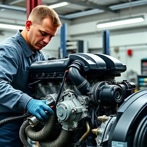 A detailed, realistic image of a mechanic working on the engine of a 2001-present Aston Martin Vanquish. The engine should be prominently displayed, showcasing its V12 configuration. The mechanic is wearing professional attire and using specialized tools. The background should be a clean, well-lit automotive repair shop. Focus on the engine components and the mechanic's focused expression.