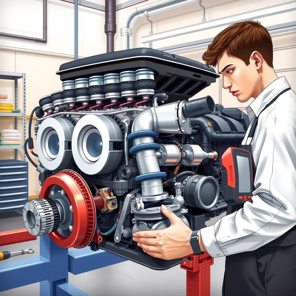 A detailed, high-resolution illustration of a mechanic performing a major engine overhaul on a Hyundai Santa Fe 1.6 Hybrid 230 hp in a clean garage. The engine block is partially disassembled, showing pistons, turbocharger, hybrid battery components, and tools such as wrenches and diagnostic equipment. Emphasize realistic lighting, metallic textures, and a professional atmosphere.