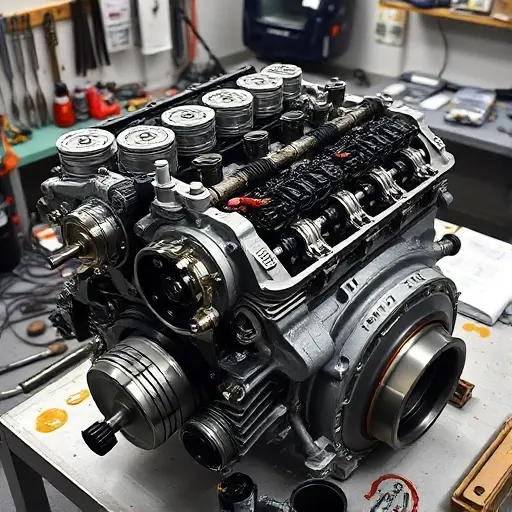 A detailed close-up of a BMW M5 E39 4.9L V8 engine undergoing major repair, showing disassembled components like pistons, crankshaft, cylinder heads, and valves laid out on a clean workbench with tools, oil stains, and a service manual nearby, soft workshop lighting, high detail, realistic textures