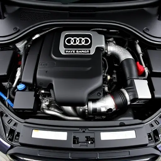 A detailed, high-quality image of the engine bay of a 2015-present Audi A4 2.0 TFSI 190 hp. Focus on the engine components, including the engine block, turbocharger, intake manifold, and exhaust system. The engine should be well-lit, showcasing the details of the components.