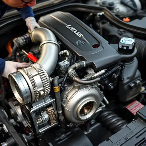 A detailed, high-quality image of a Lexus NX 2.4 Turbo engine undergoing a major repair. Focus on the engine block, turbocharger, and surrounding components. Show tools and technicians working on the engine. The scene should be well-lit and emphasize the mechanical details.