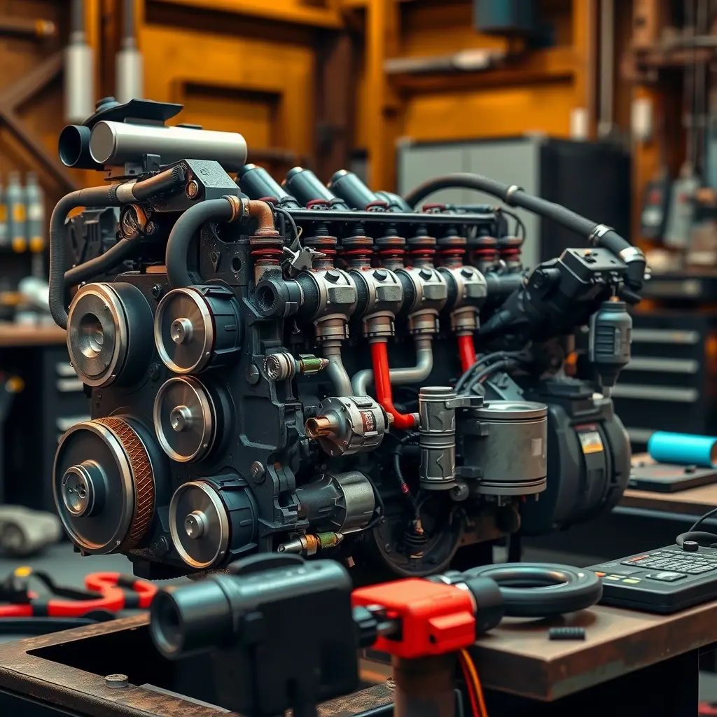 A realistic, high-detail scene of a workshop where a mechanic is repairing an Iveco Massif 3.0 diesel engine (model years 2007-2011). The engine is partially disassembled, showing pistons, fuel injectors, and other components, with tools and diagnostic equipment nearby. Warm industrial lighting highlights the metal surfaces and textures.