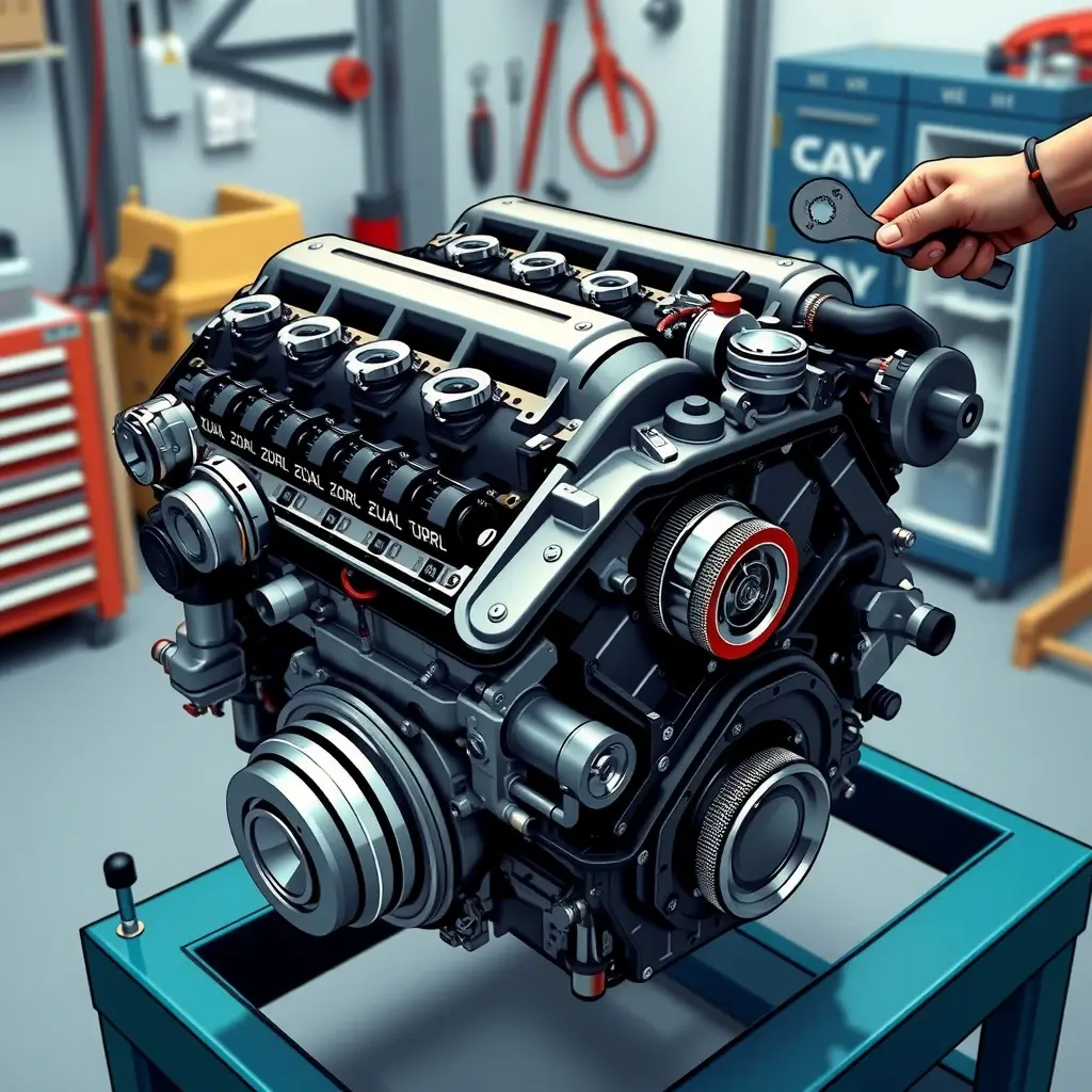 A high-definition, highly detailed illustration of a Jaguar F-Pace 2.0 Turbo engine on a clean workshop bench, with the engine block opened, visible pistons, turbocharger, and other components, a mechanic's hand holding a wrench, soft lighting, realistic metal textures, no text or logos