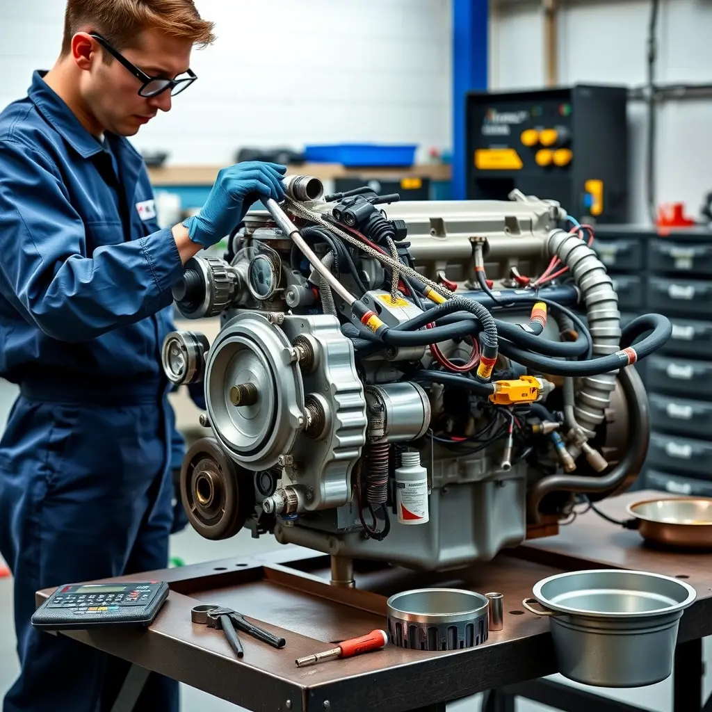 A detailed, high-resolution scene of a mechanic in a clean workshop repairing a JMC Vigus 2.5 diesel engine (140 hp, model years 2016 to present). The engine is partially disassembled on a sturdy workbench, with visible components such as the cylinder block, turbocharger, fuel injectors, and wiring harnesses. The mechanic, wearing a blue coverall, safety glasses, and gloves, is using a torque wrench on a bolt. Tools like a diagnostic tablet, socket set, and oil drain pan are neatly arranged around the engine. Soft industrial lighting highlights the metallic surfaces and emphasizes the precision of the repair work.