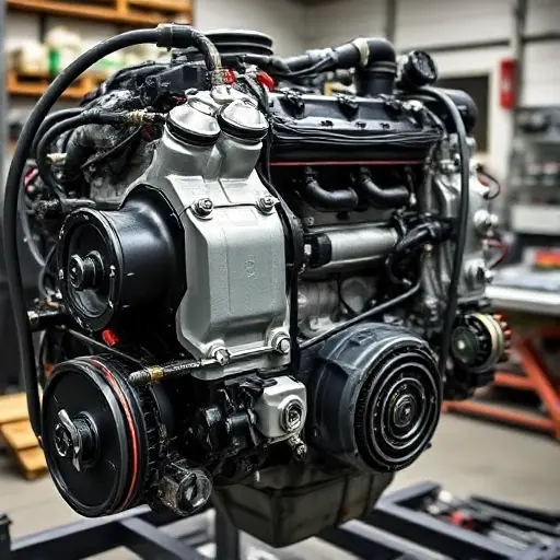 A detailed, high-quality image of a Lynk & Co 09 PHEV engine undergoing a major repair. Focus on the engine block, visible components, and tools being used. The scene should be in a well-lit workshop environment.