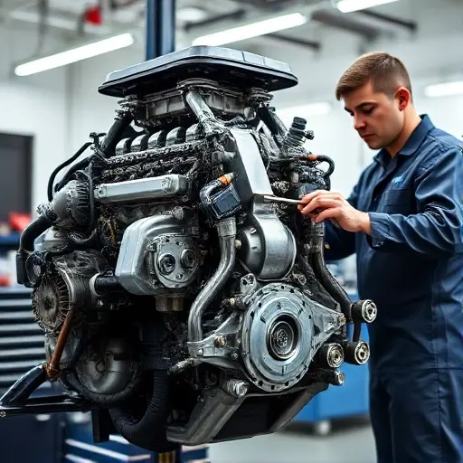 A detailed, realistic image of a mechanic working on the engine of an Alfa Romeo Tonale 1.5 Hybrid. The engine should be partially disassembled, showcasing its internal components. Focus on the engine block, hybrid system components, and related parts. The mechanic should be wearing professional attire and using specialized tools. The background should be a clean, well-lit automotive repair shop.