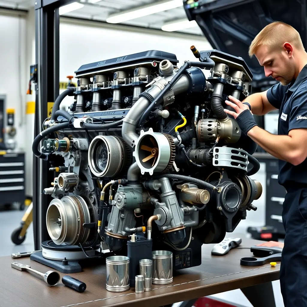 A detailed, realistic scene of a mechanic performing a comprehensive engine overhaul on a Genesis GV80 2.5T powertrain. The engine block is open, showing pistons, crankshaft, and turbocharger, with assorted tools like wrenches, sockets, and diagnostic equipment scattered around. The setting is a clean, well-lit garage with a service lift and metal workbench, emphasizing the intricate mechanical components and the hands‑on repair process.