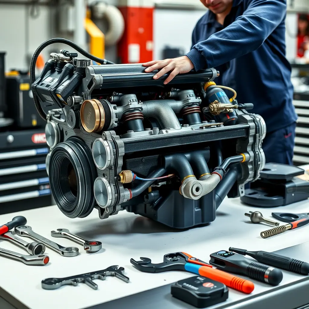 A high-detail, realistic scene of a mechanic performing a complete engine overhaul on a Jeep Renegade 1.3 Turbo 180 hp engine. The engine block is open, showing pistons, crankshaft, turbocharger, and fuel injection components. Various tools such as wrenches, torque wrench, and diagnostic equipment are neatly arranged on a clean workbench. The setting is a well-lit professional garage with a focus on the engine parts, emphasizing precision and craftsmanship.