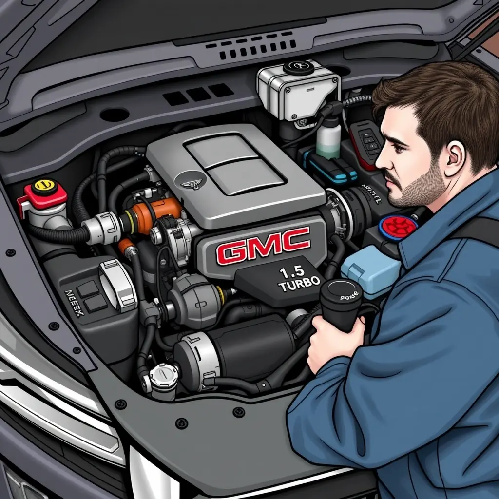 A detailed, realistic illustration of a mechanic repairing the 1.5 Turbo engine of a GMC Terrain (model years 2018 to present) inside the vehicle's engine bay. Show the engine components, tools such as wrenches and diagnostic equipment, and the mechanic wearing a work uniform, focusing on the mechanical work without any branding or text.