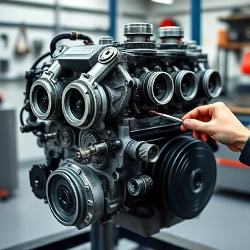 Ремонт двигателя Bugatti Mistral 8.0 L W16 Quad Turbo 1600 л.с. (2023–2024) A detailed close-up of a high-performance W16 engine block from a Bugatti Mistral, showing visible turbochargers, pistons, and a mechanic’s hands using precision tools to disassemble and repair the engine, set against a clean workshop backdrop