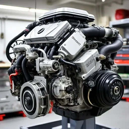A detailed, high-quality image of a Cadillac XT5 3.6 V6 engine undergoing a major repair. The engine should be partially disassembled, revealing intricate components. Focus on the engine block, cylinder head, and visible parts of the internal mechanisms. The background should be a clean, well-lit workshop environment.