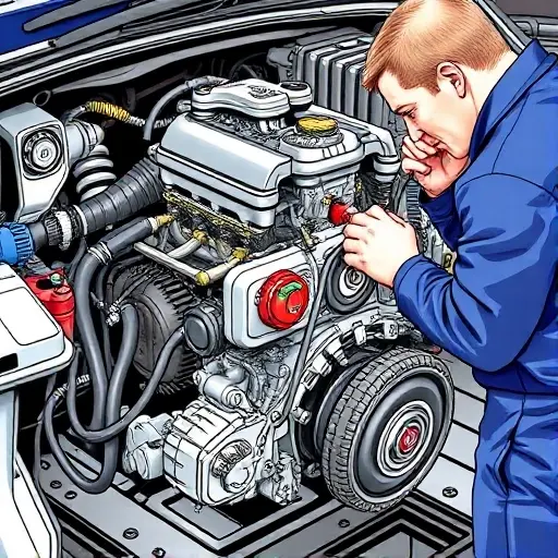 A detailed illustration of an Abarth 595 1.4 T Jet 180 hp engine repair process. Focus on the engine components, tools, and a mechanic working on the engine. The image should depict a professional automotive repair setting.