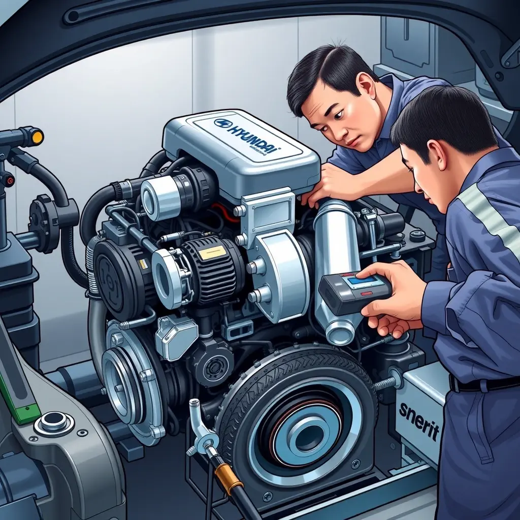 A detailed, realistic illustration of a mechanic repairing the 2.5L Turbo engine of a 2020 Hyundai Santa Fe. Show the engine block, turbocharger, and surrounding components with tools such as wrenches and diagnostic equipment. Include a clean workshop environment with subtle lighting highlighting the engine parts, emphasizing precision and technical detail.