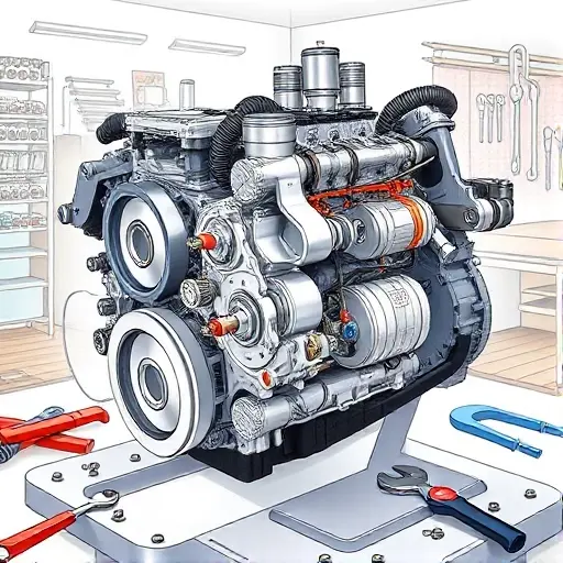 A detailed illustration of a Citroën Berlingo 1.5 BlueHDi 75 л.с engine undergoing a major repair. The engine should be partially disassembled, showing various components like pistons, connecting rods, and the engine block. Tools such as wrenches, screwdrivers, and diagnostic equipment should be present around the engine. The background should be a clean, well-lit workshop environment.