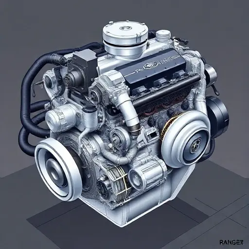 A detailed illustration of a Ford Ranger 2.3 EcoBoost engine undergoing a major repair. Focus on the engine block, turbocharger, and various components. Show tools and technicians working on the engine.