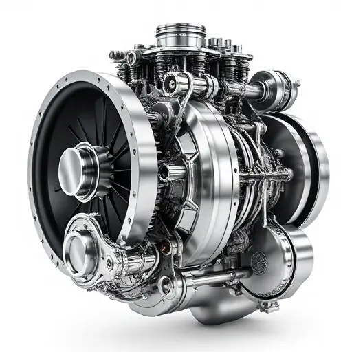 A detailed illustration of a high-performance Bristol Fighter aircraft engine, 8.0 L V10, 525 horsepower, showing intricate mechanical components, polished metal surfaces, and realistic textures, rendered in a smallHQ style