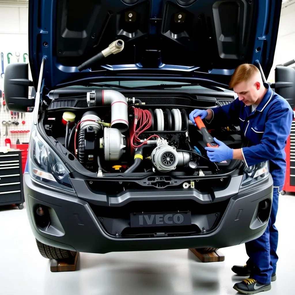 A detailed, realistic scene of a mechanic repairing the diesel engine of an Iveco Daily 2.3 (116 hp, model years 2014 to present). The vehicle is lifted in a clean workshop, the hood open, exposing the engine block, turbocharger, fuel injectors, and other components. The mechanic, wearing a blue jumpsuit and gloves, is using a wrench and diagnostic tool, focusing on the engine. The background shows organized tools on a wall rack and a bright, well‑lit environment, emphasizing the technical details of the engine repair.