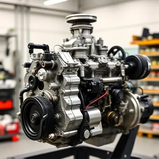 A detailed, high-quality image of a Lamborghini Huracán LP610-4 5.2 V10 engine undergoing a major repair. The engine should be partially disassembled, revealing intricate components. Focus on the engine block, cylinder head, and various mechanical parts. The background should be a clean, well-lit workshop environment.