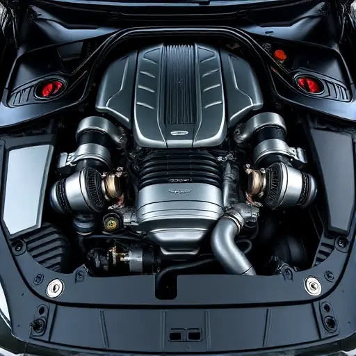 A detailed, high-quality image of the engine bay of an Aston Martin DB11 4.0 L V8 Twin Turbo. Focus on the engine components, showcasing the intricate details of the engine, turbochargers, and exhaust system. The lighting should be realistic, highlighting the metallic surfaces and engine parts.