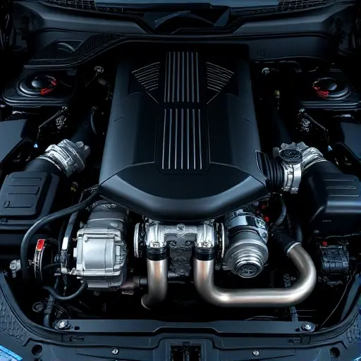 A detailed, high-quality image of the engine bay of a Maybach GLS 600 4.0 V8 Twin Turbo M. Focus on the engine components, showcasing the intricate details of the engine, turbochargers, and exhaust system. The lighting should be realistic, highlighting the metallic surfaces and engine parts.