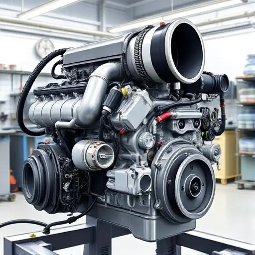 A detailed illustration of a Forthing T5 1.5 Turbo 150 hp engine undergoing a major overhaul. The engine should be shown with visible components like the turbocharger, intake manifold, exhaust manifold, and various sensors and hoses. The background should be a clean, well-lit workshop environment. Focus on mechanical precision and high-quality components.