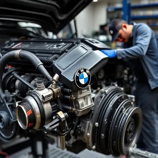 A detailed, high-quality image of a BMW 7 Series G70 4.4 V8 530 hp engine undergoing repair. Focus on the engine components, tools, and a mechanic working on it. The scene should be well-lit and show a professional workshop environment.