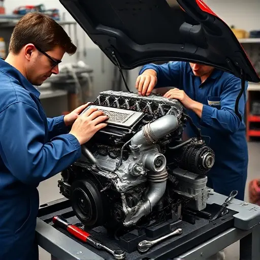 A detailed, realistic scene of a mechanic performing a major engine overhaul on a BMW 1 Series E81 1.8d (116 hp, model years 2004-2020). The open engine bay shows the engine block, cylinder head, turbocharger, and various components laid out on a clean garage workbench with tools such as wrenches, torque wrench, and diagnostic equipment. The mechanic, wearing a blue coverall and safety glasses, is focused on tightening bolts on the cylinder head. The background features a well‑organized workshop