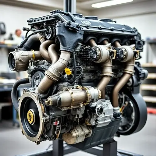 A detailed, high-quality image of a Cadillac CT5 3.0 V6 Twin Turbo engine undergoing a major repair. The engine should be partially disassembled, revealing intricate components. Focus on the engine block, turbochargers, and exhaust manifold. The background should be a clean, well-lit workshop environment.