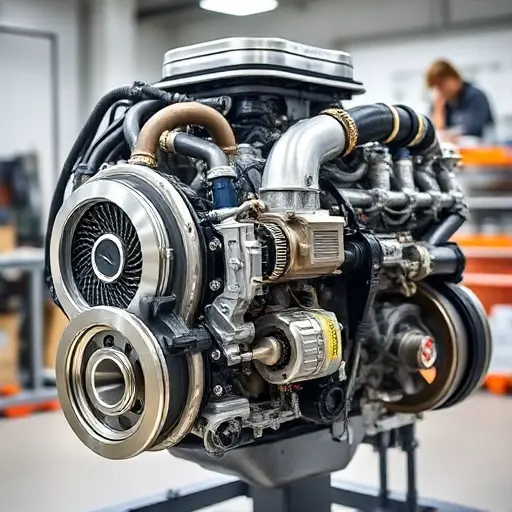 A detailed, high-quality image of a Mercedes-Benz S 500 3.0 I6 Turbo MH engine undergoing a major overhaul. The engine should be partially disassembled, revealing intricate components. Focus on the engine block, turbocharger, and various mechanical parts. The background should be a clean, well-lit workshop environment.