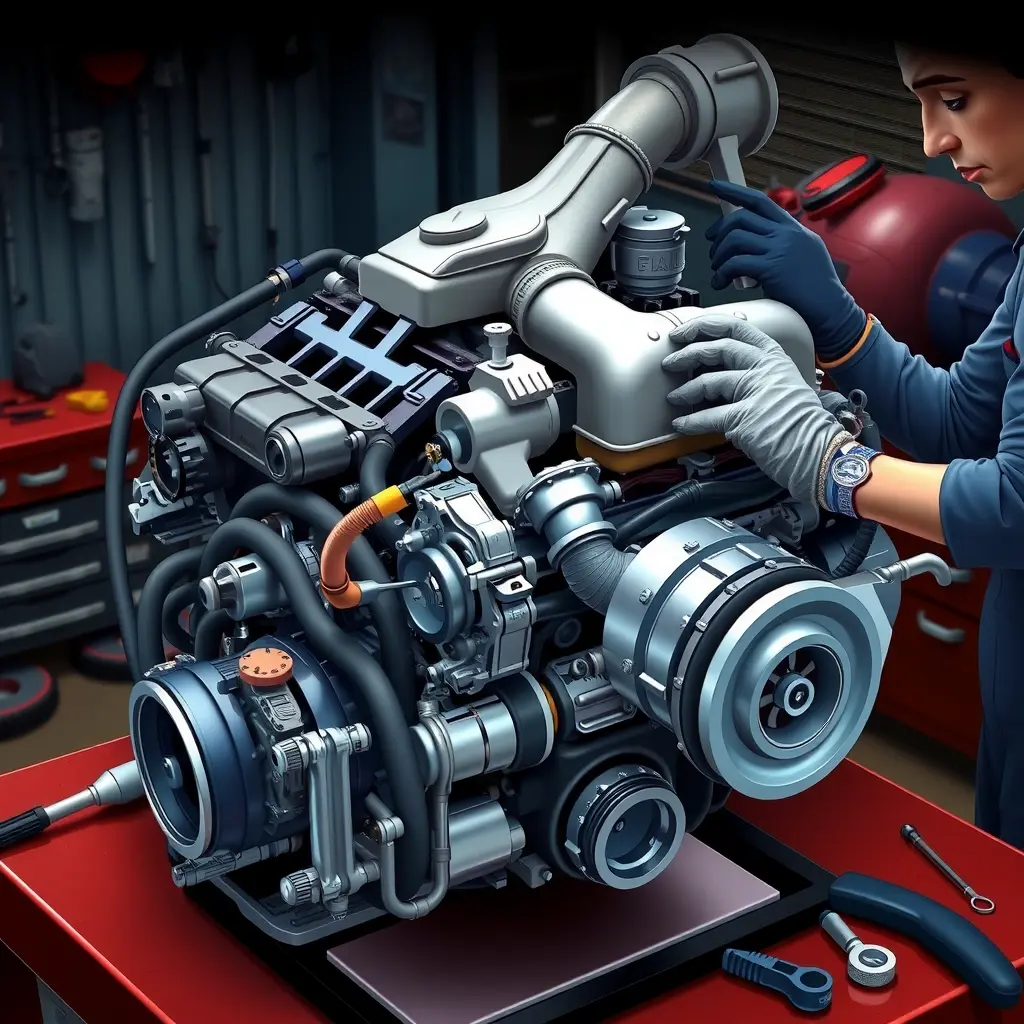 A detailed high-resolution illustration of a mechanic repairing the 1.5 L EcoBoost engine of a Ford Fiesta ST, showing the engine block, turbocharger, fuel injectors, and tools on a garage workbench with realistic lighting and metallic textures