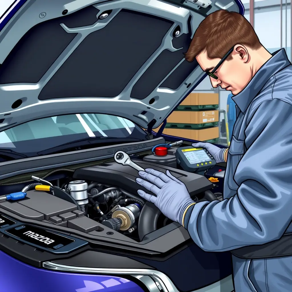 A detailed, realistic illustration of a mechanic repairing the engine of a Mazda CX-5 2.5 Skyactiv G (2017 model) in a well-lit garage. The focus is on the open engine bay, showing the engine block, spark plugs, timing belt, and diagnostic tools such as a wrench, socket set, and a diagnostic scanner. The mechanic is wearing a clean work uniform and gloves, concentrating on the engine components. The scene captures the technical precision of the repair process with high clarity and depth.