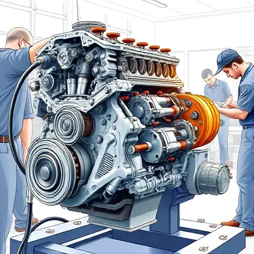 A detailed illustration of a Dacia Jogger 1.0 TCe 110 engine undergoing a major repair. The engine should be partially disassembled, revealing internal components. Focus on the repair process, with tools and technicians working on the engine. The background should be a clean, well-lit workshop environment.
