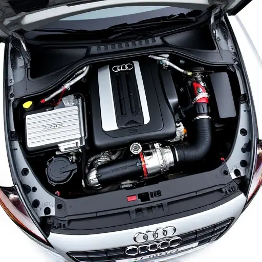 A detailed, high-quality image of the engine bay of a silver Audi TTS 2.0 TFSI, showcasing the engine components. Focus on the engine block, turbocharger, and intake/exhaust systems. The background should be a clean, neutral color.