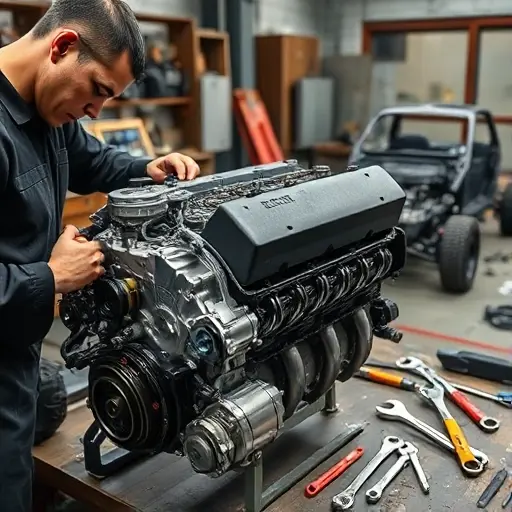 A detailed workshop scene showing a mechanic repairing a 2.4L ChangFeng Liebao Heijingang engine, with the engine block exposed, tools like wrenches and screwdrivers scattered, a workbench, and a car chassis in the background. The focus is on the mechanical work, with realistic lighting and textures.