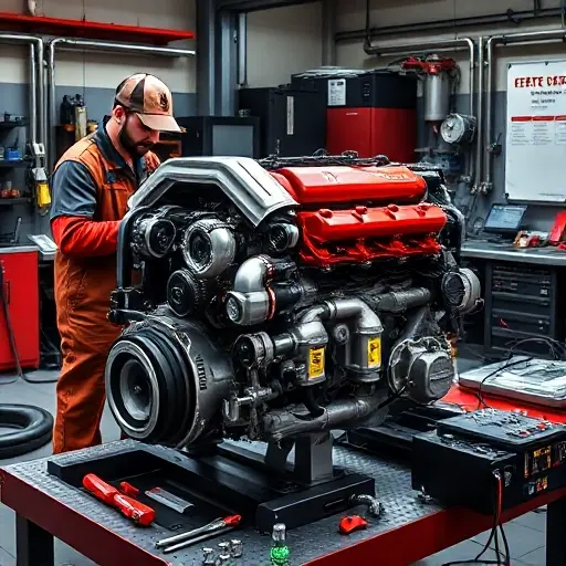 A detailed, high-resolution illustration of a Ferrari 488 GTB 3.9 L V8 turbo engine on a workshop bench, with a mechanic in coveralls examining the engine, surrounded by tools and diagnostic equipment, realistic lighting, focusing on the engine components