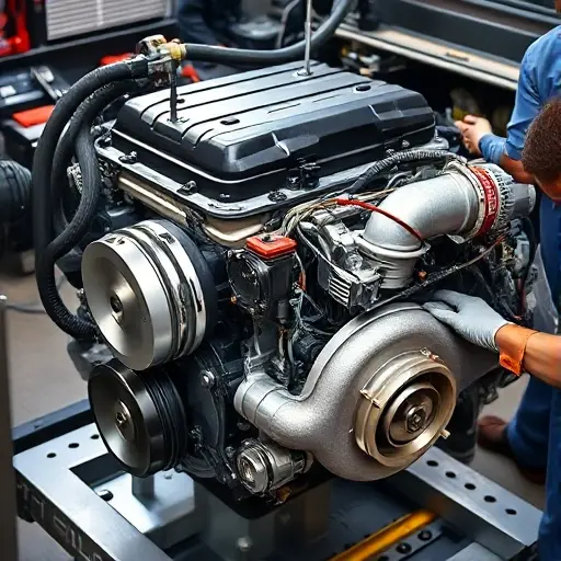A detailed, high-quality image of a Cadillac Escalade 3.0 Duramax engine undergoing a major repair. Focus on the engine block, turbocharger, and surrounding components. Show tools and technicians working on the engine. The scene should be well-lit and emphasize the mechanical details.