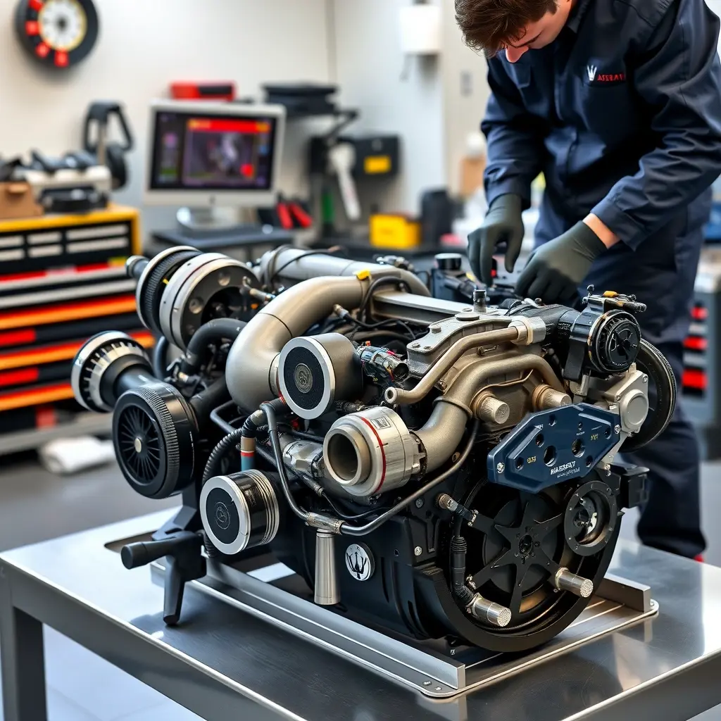 A high-detail, realistic scene of a professional mechanic performing a complete overhaul of a Maserati Ghibli 3.0 V6 Twin Turbo engine in a clean, well-lit garage. The engine is partially disassembled on a sturdy workbench, with visible turbochargers, pistons, and intricate components. The mechanic, wearing a dark jumpsuit and gloves, is using specialized tools, such as torque wrenches and diagnostic equipment, to inspect and replace parts. The background shows organized tool racks, a diagnostic computer screen displaying engine schematics, and subtle reflections on polished metal surfaces, emphasizing precision and craftsmanship.